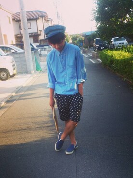 「スリッポン（スニーカー、ブルー系）」を使った、manayaさん（メンズ・165cm）の夏コーディネート