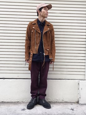 「UNUSED」｜「アイテム（ライダースジャケット）」を使った、kazmapさん（メンズ・172cm）の冬コーディネート