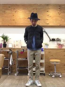 「ノーカラー」｜「アイテム（ダウンジャケット/コート）」を使った、Keishi Yamashitaさん（メンズ・170cm）の冬コーディネート
