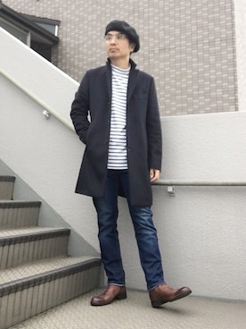 「ベレー帽推奨委員会」｜「アイテム（チェスターコート）」を使った、Taka＠TeamSixtiesさん（メンズ・169cm）の冬コーディネート