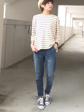 「OVERRIDE（オーバーライド）の【override】 TM Marine BERET / オーバーライド サーモ マリン ベレー（ハンチング/ベレー帽）」を使った、浅倉 まいさん（レディース・158cm）の春コーディネート