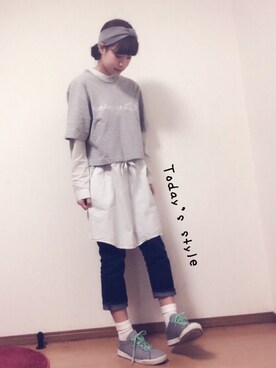 「Champion（チャンピオン）のアイテム（Tシャツ/カットソー、グレー系）」を使った、porin*さん（レディース・157cm）の夏コーディネート