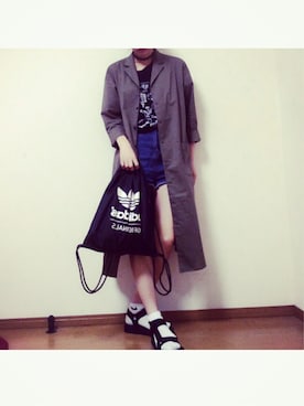 「adidas（アディダス）のアイテム（バックパック/リュック、ブラック系）」を使った、porin*さん（レディース・157cm）の夏コーディネート