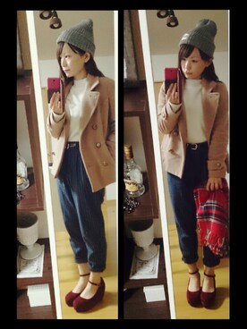 「ストライプパンツ」｜「アイテム（ピーコート）」を使った、あゆさん（レディース・152cm）の冬コーディネート
