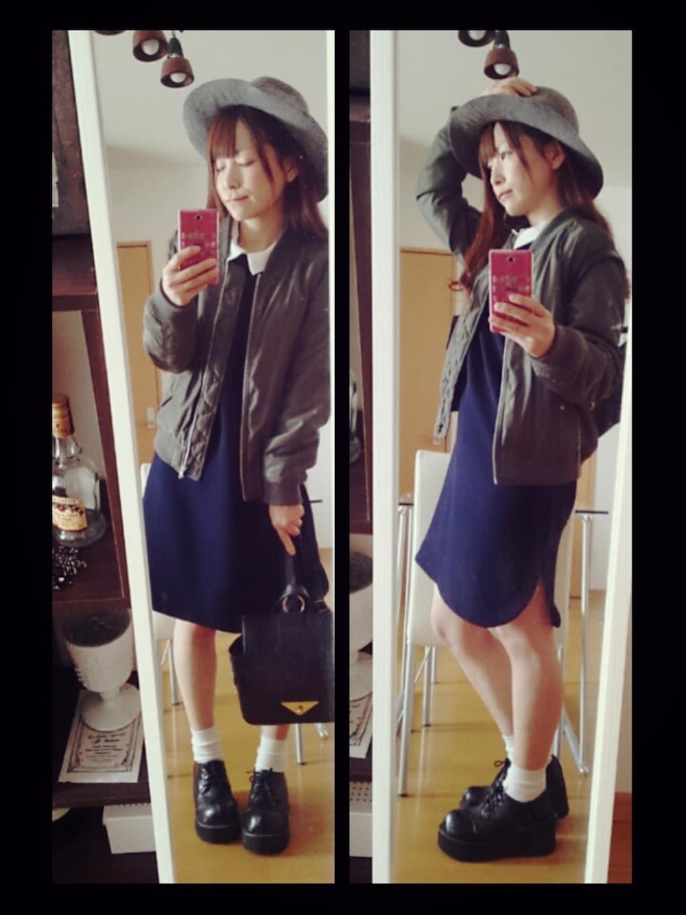 ブルー系のワンピース、グリーン系のブルゾン、グレー系のハットを着用したレディースの春コーディネートの1枚目の写真