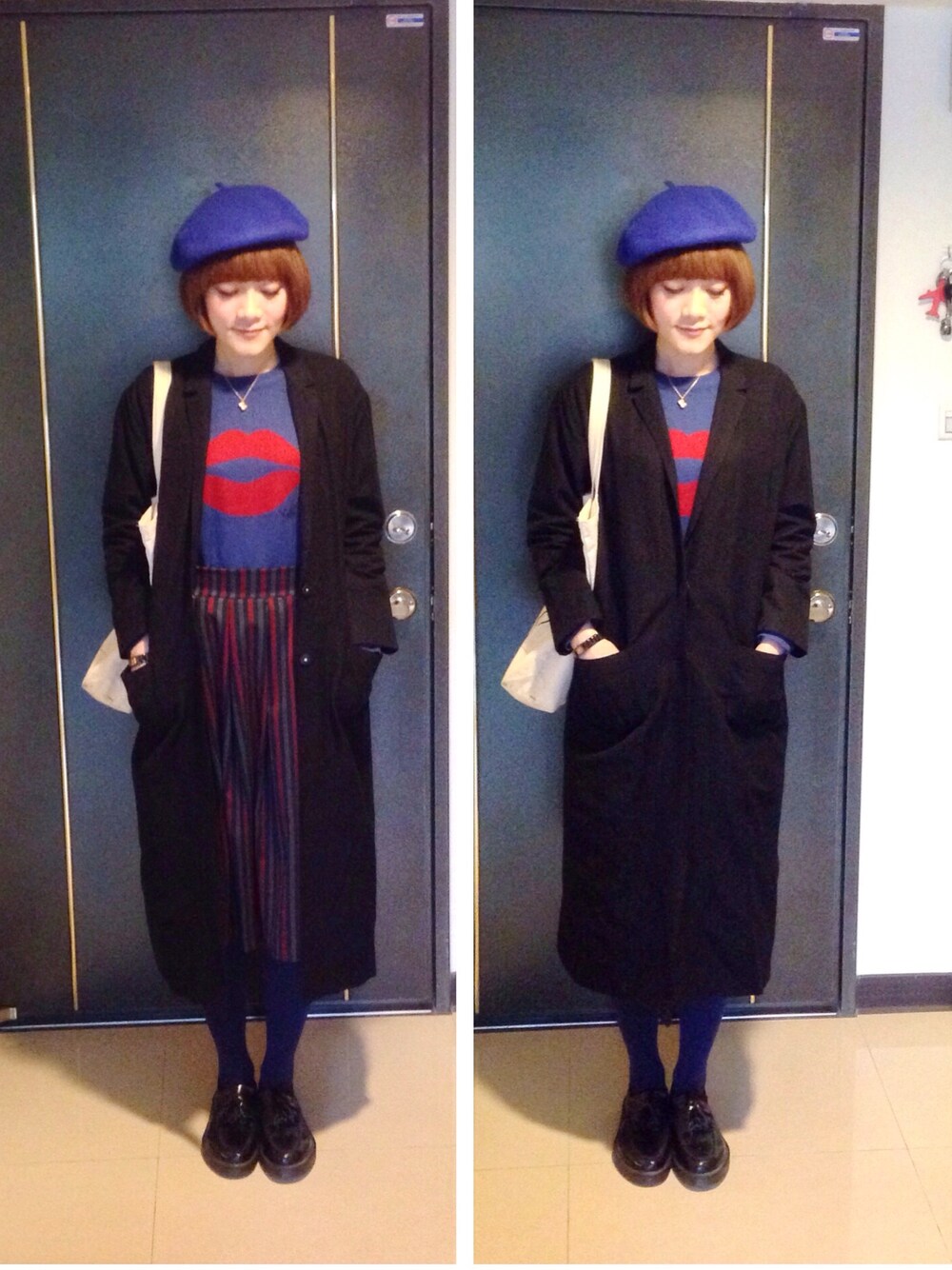 ブラック系のジャケット/アウター、レッド系のスカート、ブラック系のドレスシューズを着用したレディースの冬コーディネートの1枚目の写真