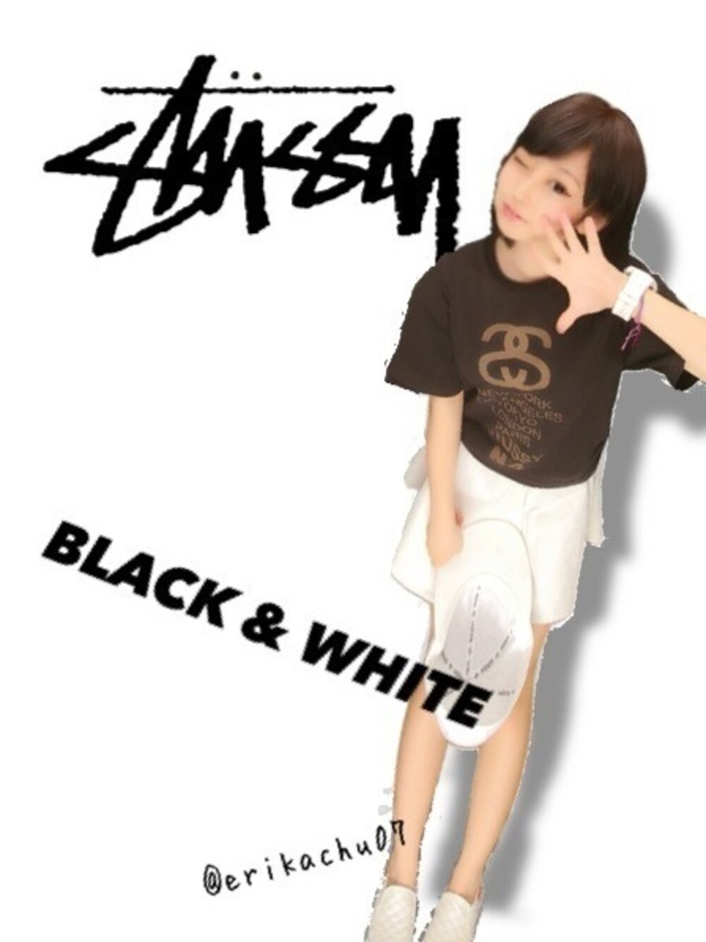 「stussy、モノトーン」｜「STUSSYのアイテム（Tシャツ/カットソー、ブラック系）」を使った、えりかさん（レディース・153cm）の夏コーディネートの1枚目の写真
