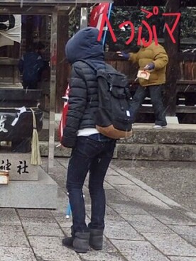 「UNIQLO（ユニクロ）のアイテム（ダウンジャケット/コート、ブラック系）」を使った、へっぷッさん（キッズ・90cm）の冬コーディネート