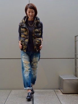 「Johnbull Private labo（ジョンブルプライベートラボ）のアイテム（ダウンベスト）」を使った、Yassanさん（レディース・166cm）の秋コーディネート