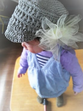 「soranocolor（ソラノカラー）のkids paper Knitcap tulleribbon #1（ニットキャップ/ビーニー、グレー系）」を使った、reeさん（レディース・158cm）の春コーディネート