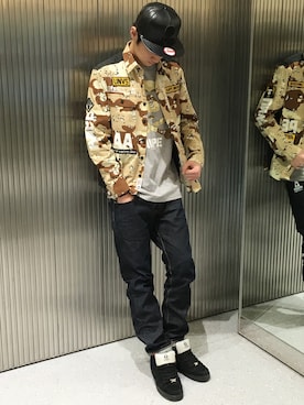 「AAPE BY A BATHING APE（エーエイプバイアベイシングエイプ）のアイテム（帽子）」を使った、吉田隼太郎さん（メンズ・179cm）の春コーディネート