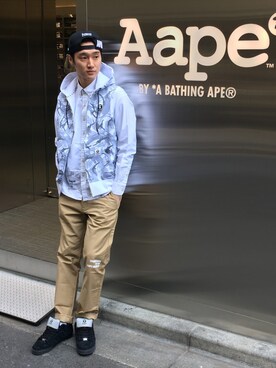 「カモ柄」｜「アイテム（スウェット）」を使った、吉田隼太郎さん（メンズ・179cm）の春コーディネート