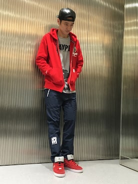 「AAPE BY A BATHING APE（エーエイプバイアベイシングエイプ）のアイテム（帽子）」を使った、吉田隼太郎さん（メンズ・179cm）の春コーディネート