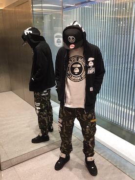 「AAPE BY A BATHING APE（エーエイプバイアベイシングエイプ）のアイテム（帽子）」を使った、吉田隼太郎さん（メンズ・179cm）の春コーディネート