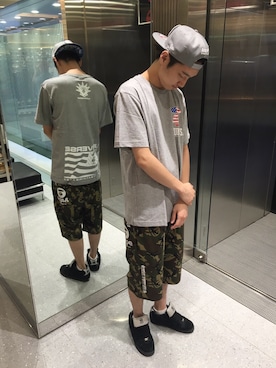 「AAPE BY A BATHING APE（エーエイプバイアベイシングエイプ）のアイテム（帽子）」を使った、吉田隼太郎さん（メンズ・180cm）の春コーディネート