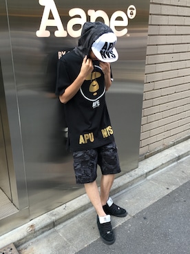 「AAPE BY A BATHING APE（エーエイプバイアベイシングエイプ）のアイテム（パンツ）」を使った、吉田隼太郎さん（メンズ・180cm）の夏コーディネート