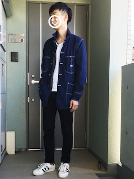 「アイテム（カーディガン/ボレロ、ブルー系）」を使った、シンさん（メンズ・173cm）の秋コーディネート