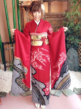 「アイテム（水着/着物・浴衣、レッド系）」を使った、SAYUさん（レディース・161cm）の冬コーディネート