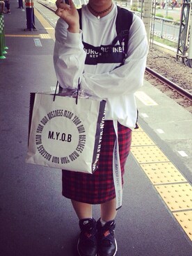 「M.Y.O.B（エム.ワイ.オー.ビー）のアイテム（Tシャツ/カットソー）」を使った、ちょこさん（レディース・164cm）の秋コーディネート