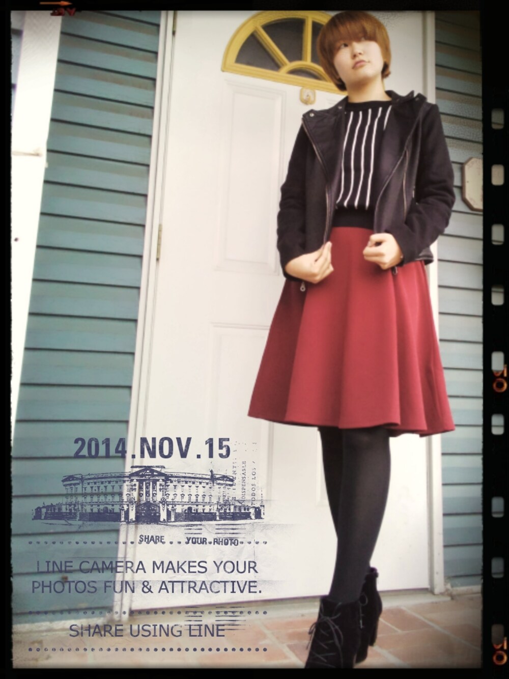 「ミモレ丈、ライダースジャケット、ニット、ストライプ、黒タイツ、FOREVER21、GU」｜「forever21のグレーのライダース（ライダースジャケット、グレー系）」を使った、オフロスキーさん（レディース・167cm）の秋コーディネートの1枚目の写真