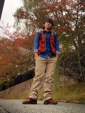 「BEN DAVIS（ベンデイビス）のアイテム（ダウンベスト）」を使った、筋肉さん（メンズ・167cm）の秋コーディネート