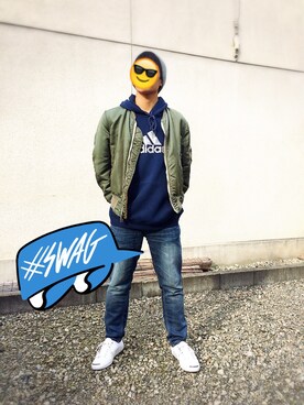 「SEVENDAYS=SUNDAY（セブンデイズサンデイ）のアイテム（ニットキャップ/ビーニー）」を使った、NAOKIさん（メンズ・170cm）の冬コーディネート