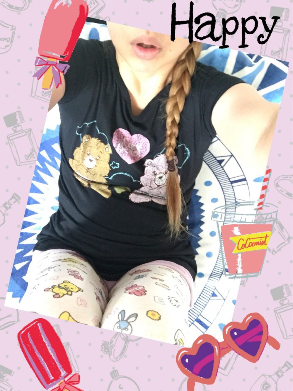 「ママコーデ、ケアベア、ラウンドビーチタオル」｜「Care Bearsのアイテム（Tシャツ/カットソー、ブルー系）」を使った、せーちゃんさん（キッズ・70cm）の夏コーディネートの1枚目の写真