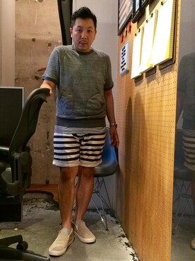 「膝上ショーツ」｜「アイテム（レッグウェア）」を使った、伊藤孝法さん（メンズ・165cm）の夏コーディネート
