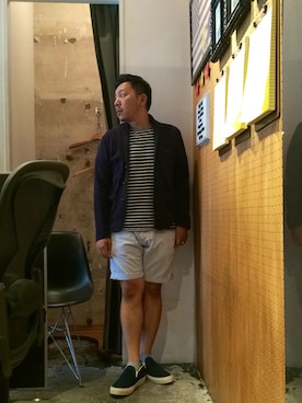 「膝上ショーツ」｜「アイテム（レッグウェア）」を使った、伊藤孝法さん（メンズ・165cm）の夏コーディネート