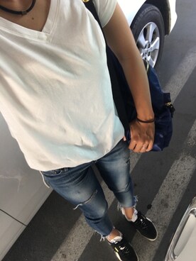 「Ungrid（アングリッド）のフレイドヘムストスリ（デニムパンツ）」を使った、mamena♪さん（レディース・163cm）の夏コーディネート