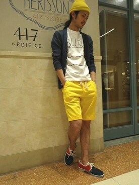 「EDIFICE（エディフィス）のアイテム（ニットキャップ/ビーニー）」を使った、417 by EDIFICE渋谷店スタッフ8さん（メンズ・180cm）の春コーディネート