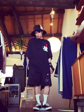「FACETASM（ファセッタズム）のアイテム（帽子）」を使った、kanta mukaiさん（メンズ・165cm）の夏コーディネート