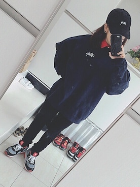 「シャツ×スウェット」｜「アイテム（帽子）」を使った、Μiyuさん（レディース・153cm）の春コーディネート