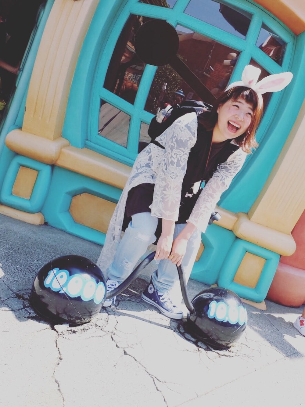 「ディズニー、ディズニーコーデ、カジュアル、レースガウン、うさみみ、ゆるコーデ」｜「w closetのアイテム（Tシャツ/カットソー、ブラック系）」を使った、ぼーさん（レディース・149cm）の夏コーディネートの1枚目の写真
