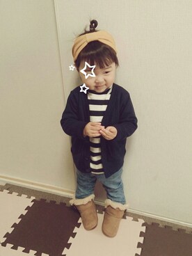 「アイテム（デニムパンツ、レッド系）」を使った、n.kさん（キッズ・90cm）の冬コーディネート