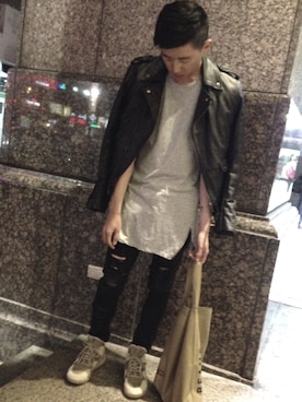「asos（エイソス）のアイテム（ライダースジャケット）」を使った、Owen Wu さん（メンズ・173cm）の春コーディネート