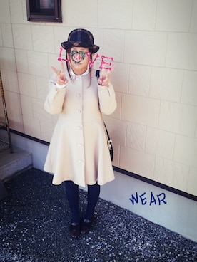 「柄タイツ」｜「アイテム（オールインワン・サロペット）」を使った、kiki♡lalaさん（レディース・156cm）の冬コーディネート