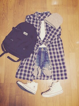 「X-girl（エックスガール）のOUTDOOR BACKPACK（バックパック/リュック）」を使った、ぴのさん（レディース・152cm）の秋コーディネート