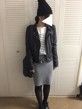 「スウェットスカート」｜「アイテム（ライダースジャケット）」を使った、@saaaaaさん（レディース・160cm）の冬コーディネート