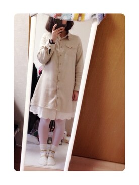 「アイテム（チュニック、ベージュ系）」を使った、ひよこさん（レディース・156cm）の春コーディネート