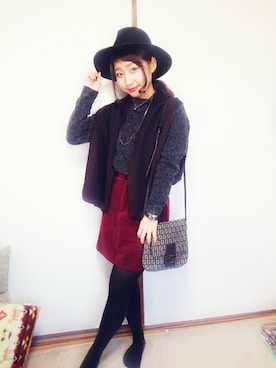 「アイテム（デニムスカート、レッド系）」を使った、あかねさん（レディース・150cm）の冬コーディネート