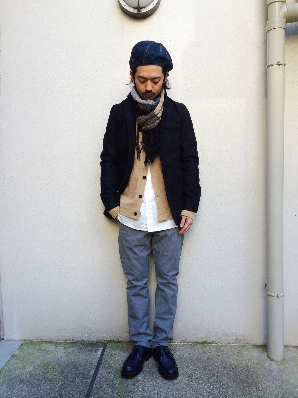 「メルトン、ジャケット、キャスケット、COMMONO reproducts、YAECA、KLEMAN、革靴」｜「Blue Books co.のghetto boy
（ハンチング/ベレー帽、ブルー系）」を使った、GROOVY-horisakaさん（メンズ・174cm）の冬コーディネートの1枚目の写真