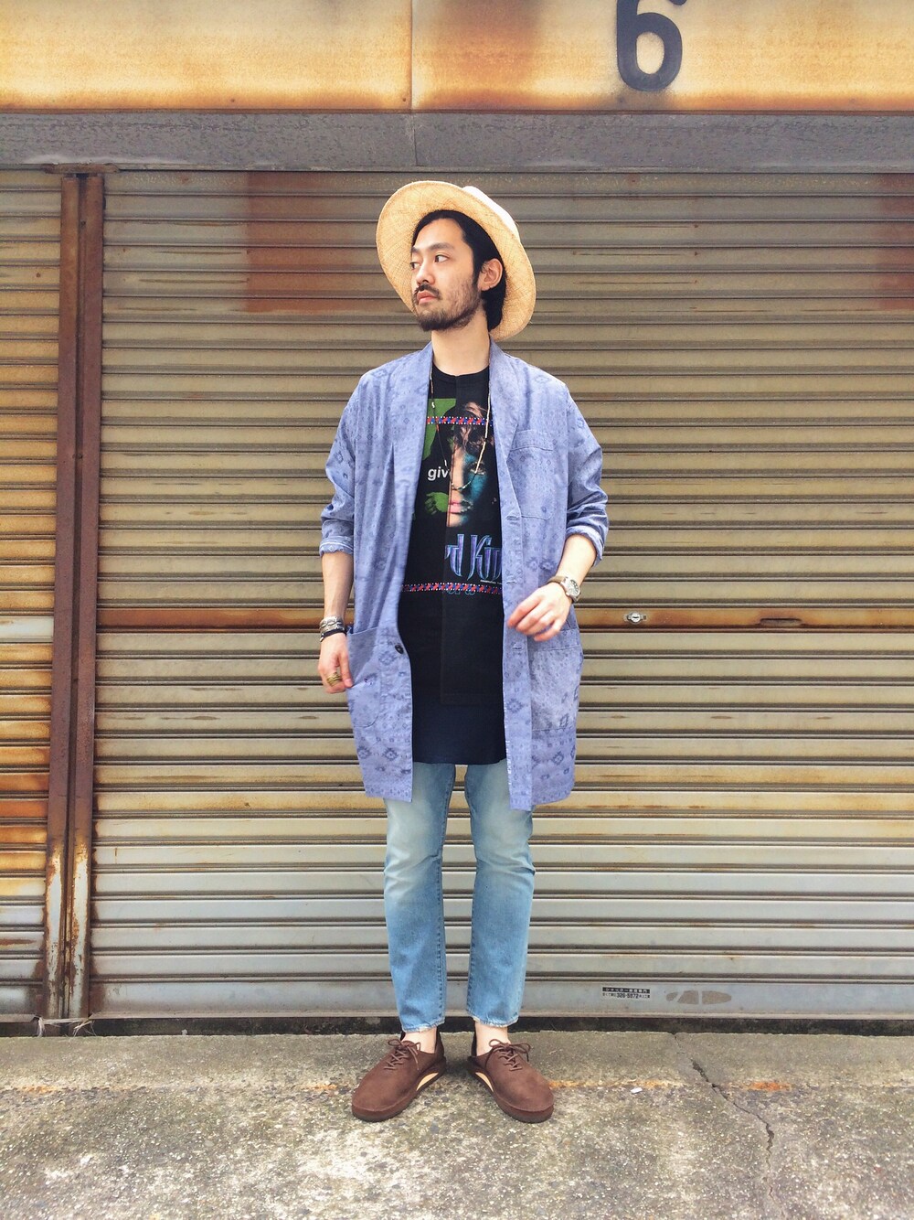 「bukht、sunday works、DECHO、HURRAY HURRAY、ハット、夏、バンドT、リメイク、アイスブルー、ローブ」｜「DECHOのアイテム（ハット、ベージュ系）」を使った、GROOVY-horisakaさん（メンズ・174cm）の夏コーディネートの1枚目の写真