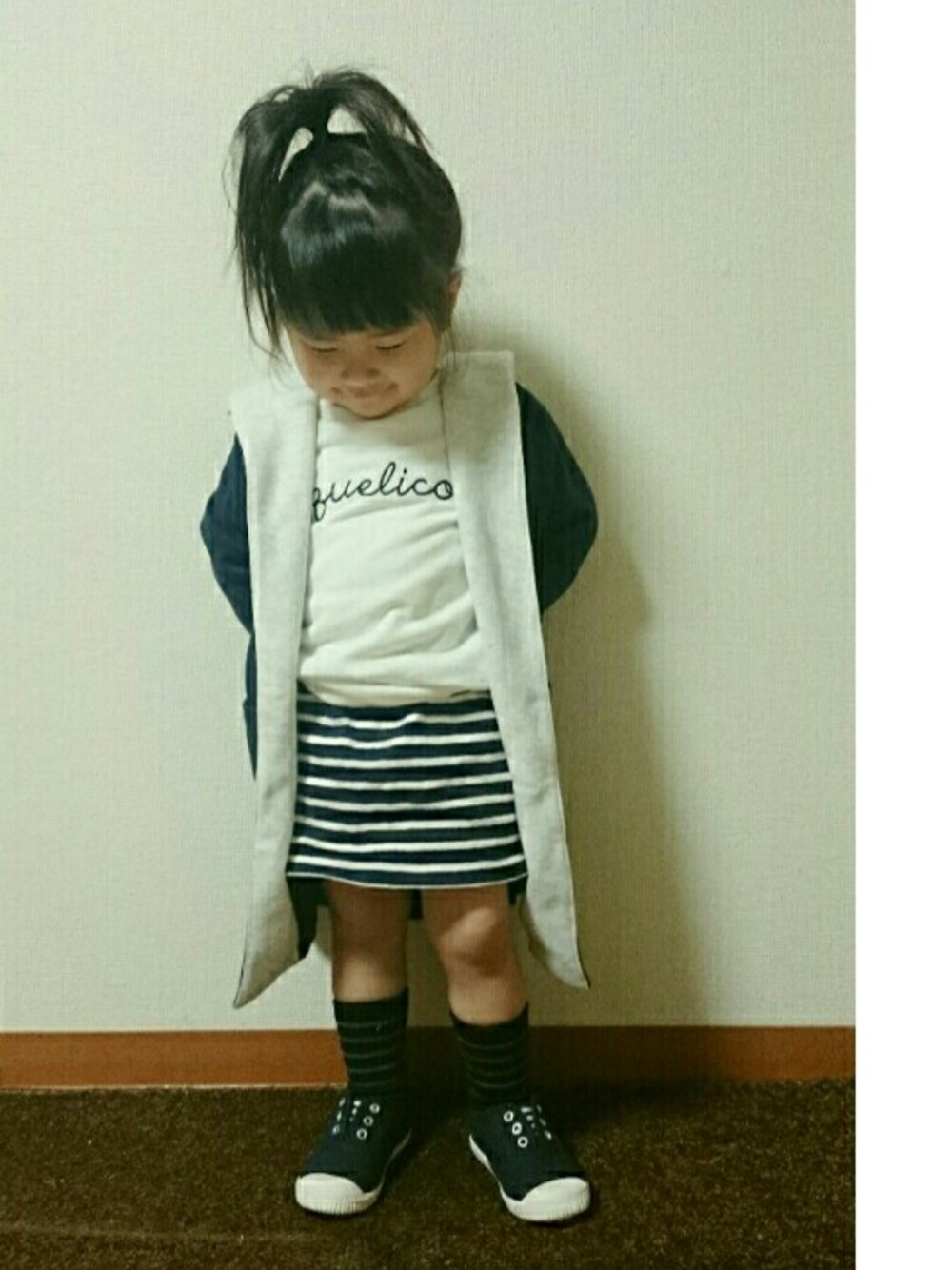 「2歳、おんなのこ、全球団あつまりん祭告知、コーディガン、ボーダースカート、ボーダー」｜「Birthdayのアイテム（カーディガン/ボレロ、ブルー系）」を使った、marionさん（キッズ・90cm）の春コーディネートの1枚目の写真