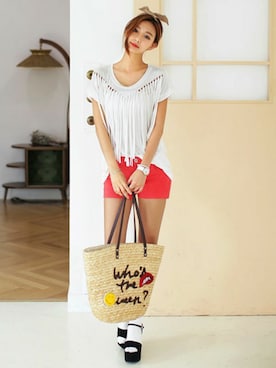 「DHOLIC（ディーホリック）のアイテム（かごバッグ）」を使った、ディーホリックさん（レディース・166cm）の夏コーディネート