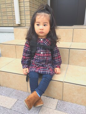 「アイテム（チュニック、レッド系）」を使った、saakoさん（キッズ・80cm）の秋コーディネート