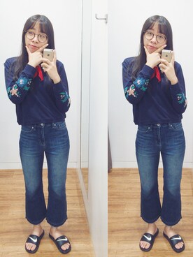 「H&M（エイチ・アンド・エム）のアイテム（トップス、ブルー系）」を使った、Flower.Jさん（レディース・166cm）の秋コーディネート