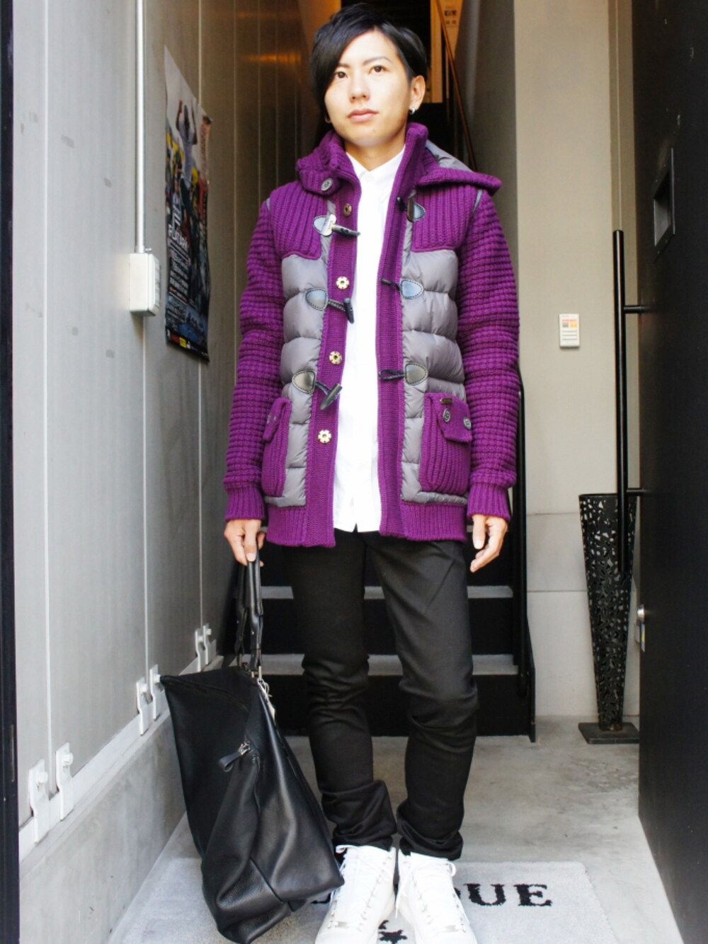 「ACNE、アクネ、Bark、ニットダッフル、バーク」｜「BARKのKnit Duffel Coat　Bark（ダッフルコート、パープル系）」を使った、JINYAさん（メンズ・166cm）の秋コーディネートの1枚目の写真