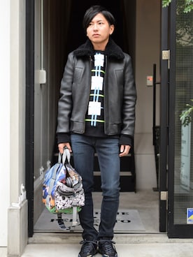 「アイテム（ライダースジャケット）」を使った、JINYAさん（メンズ・166cm・20代）の冬コーディネート