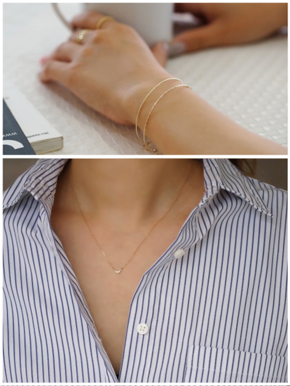 ゴールド系のネックレス、ゴールド系のブレスレット、ゴールド系のバングル/リストバンドを着用したレディースの夏コーディネートの1枚目の写真